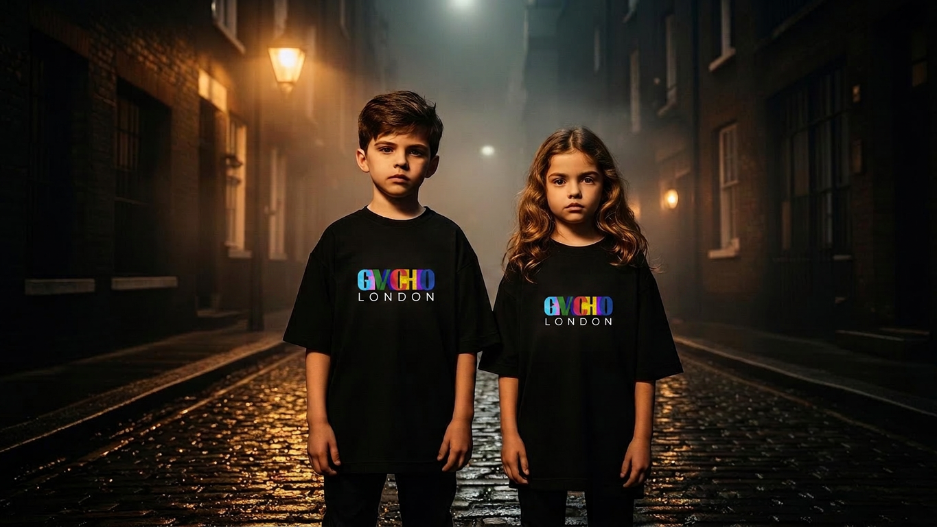 Children in Givachio Couture tees on a foggy cobblestone London street