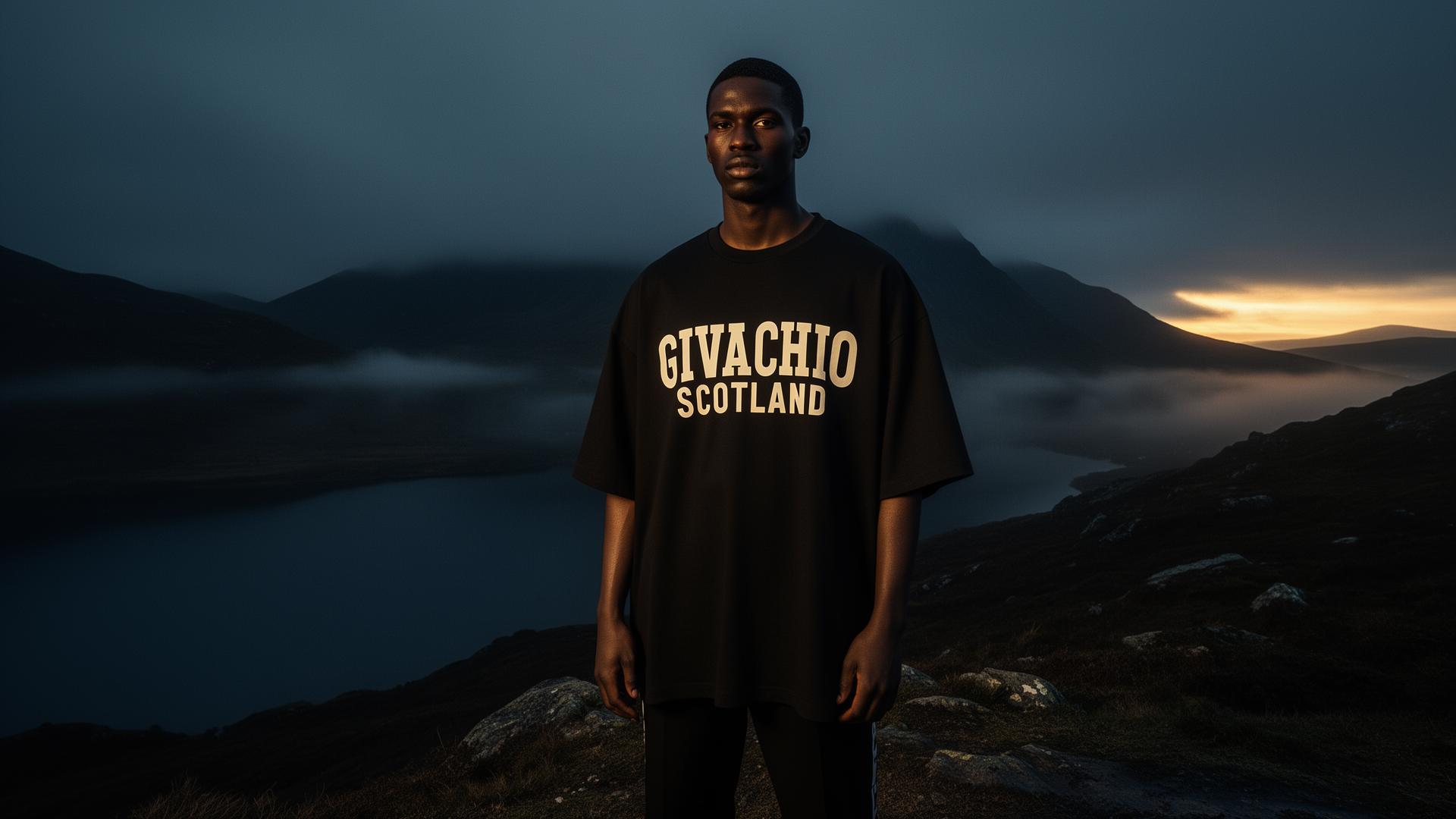 Model in Givachio Scotland tee on a Scottish highland ridge at dusk